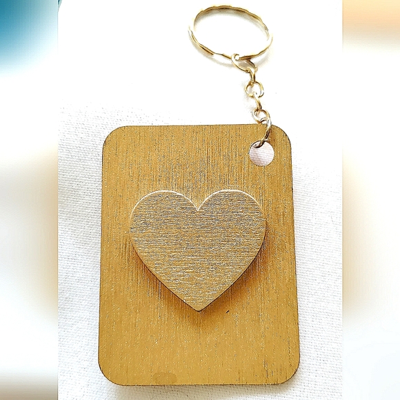 NEW Handmade Keychain Bag Tag! Copper Muro. Gold Wooden Heart. Unisex. - Picture 6 of 7